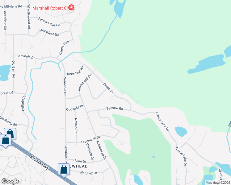 map of restaurants, bars, coffee shops, grocery stores, and more near 38 Creek Drive in Montgomery