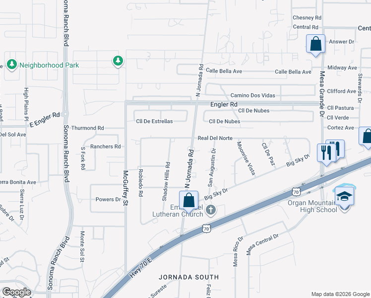 map of restaurants, bars, coffee shops, grocery stores, and more near 6125 North Jornada Road in Las Cruces