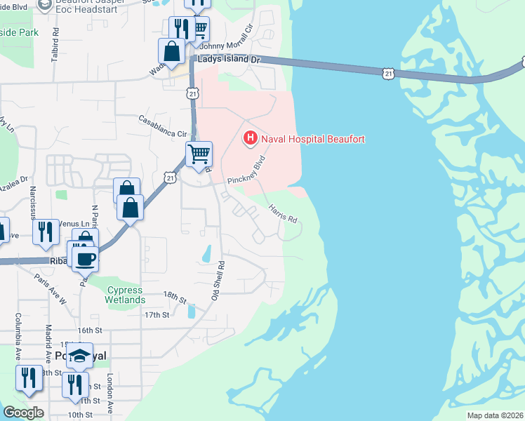 map of restaurants, bars, coffee shops, grocery stores, and more near 101-109 Ray Circle in Beaufort