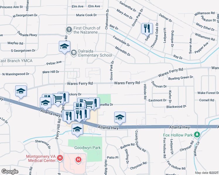 map of restaurants, bars, coffee shops, grocery stores, and more near 4128 Wares Ferry Road in Montgomery
