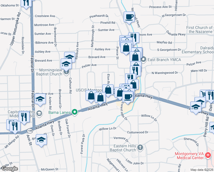 map of restaurants, bars, coffee shops, grocery stores, and more near 100 Salem Drive in Montgomery