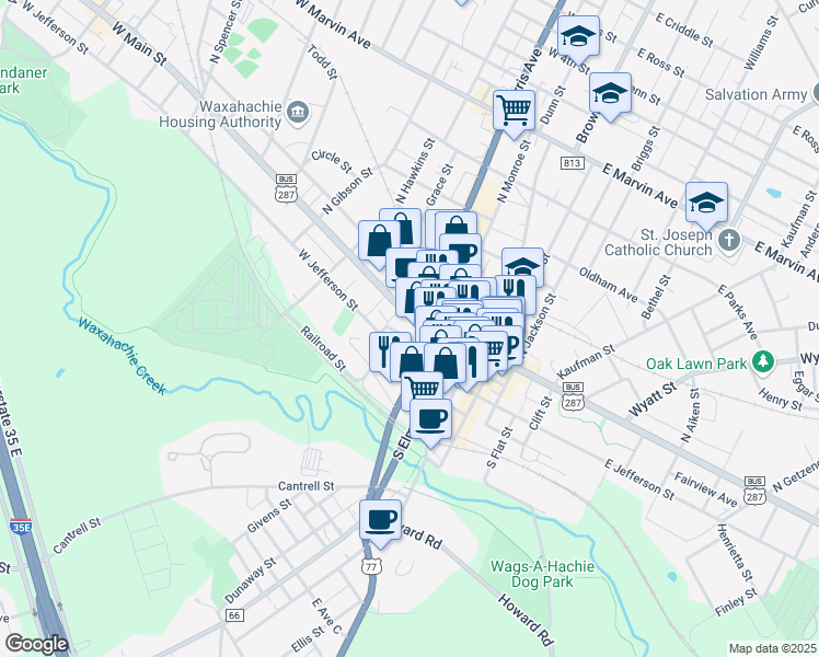 map of restaurants, bars, coffee shops, grocery stores, and more near 406 West Franklin Street in Waxahachie