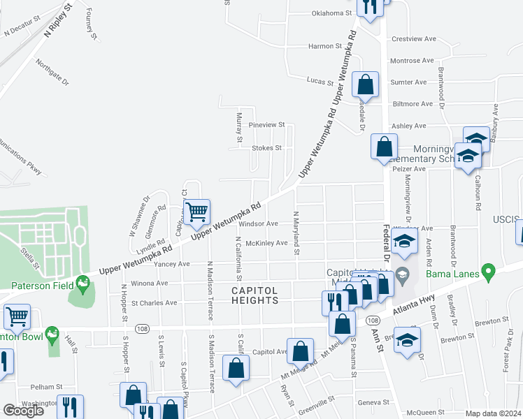 map of restaurants, bars, coffee shops, grocery stores, and more near 1936 Upper Wetumpka Road in Montgomery