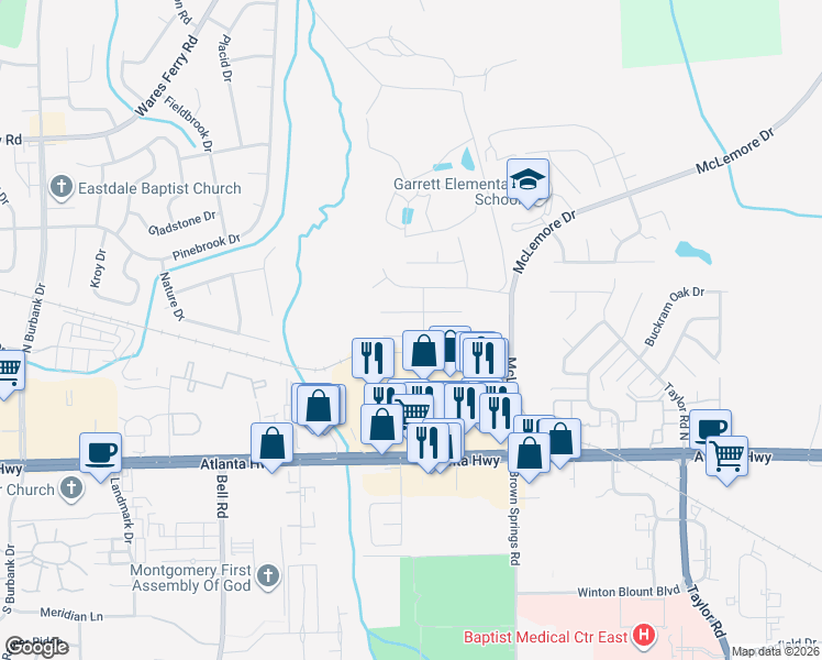 map of restaurants, bars, coffee shops, grocery stores, and more near 6545 Ridgeview Circle in Montgomery