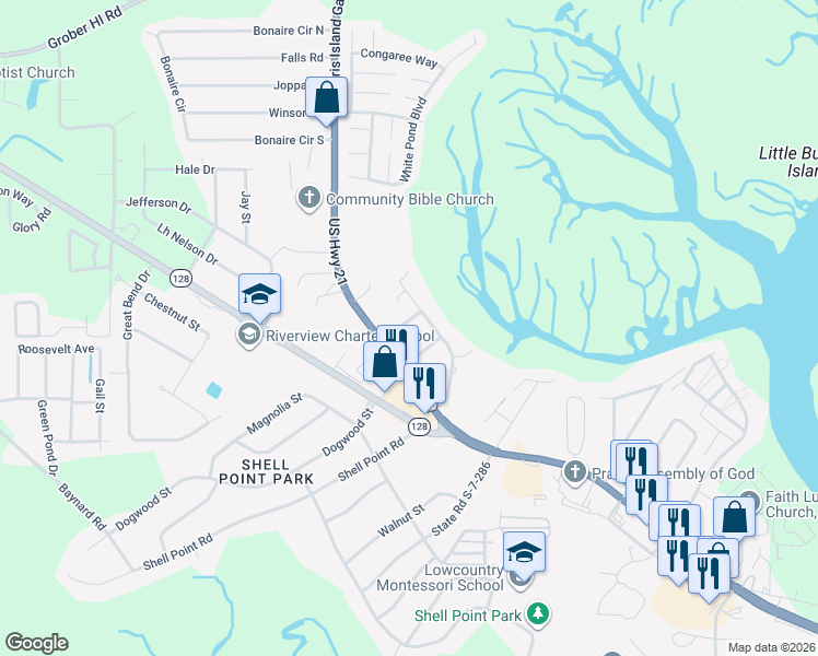 map of restaurants, bars, coffee shops, grocery stores, and more near 996 Dowlingwood Drive in Beaufort