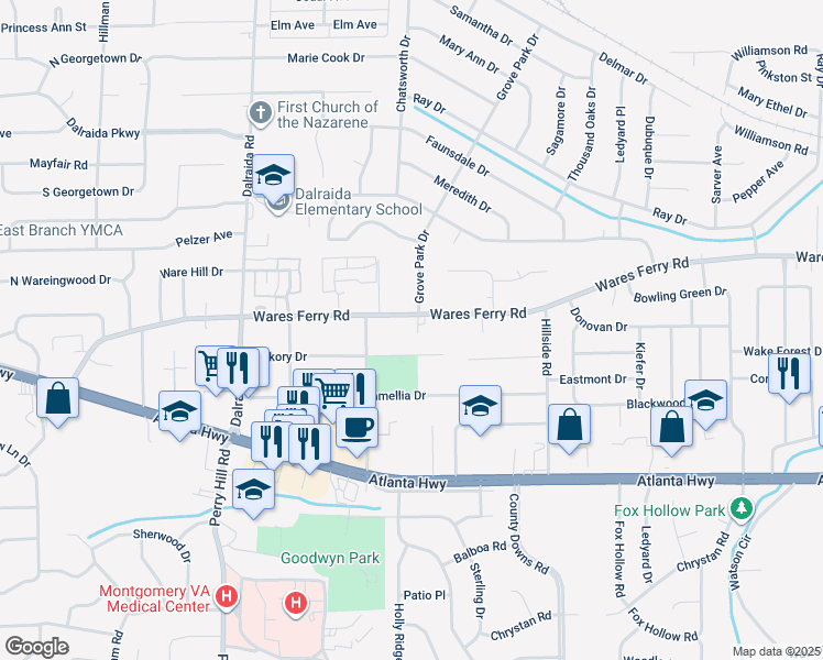 map of restaurants, bars, coffee shops, grocery stores, and more near 4128 Wares Ferry Road in Montgomery