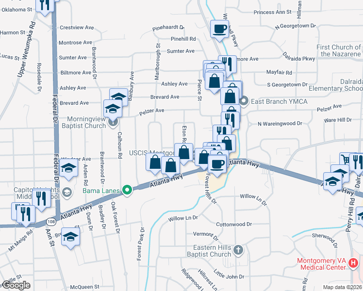 map of restaurants, bars, coffee shops, grocery stores, and more near 100 Salem Drive in Montgomery