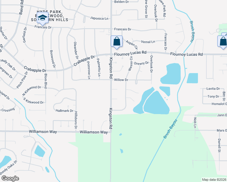 map of restaurants, bars, coffee shops, grocery stores, and more near 9637 Kingston Road in Shreveport