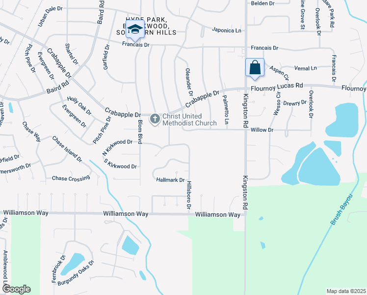 map of restaurants, bars, coffee shops, grocery stores, and more near 1103 Mountainbrook Drive in Shreveport
