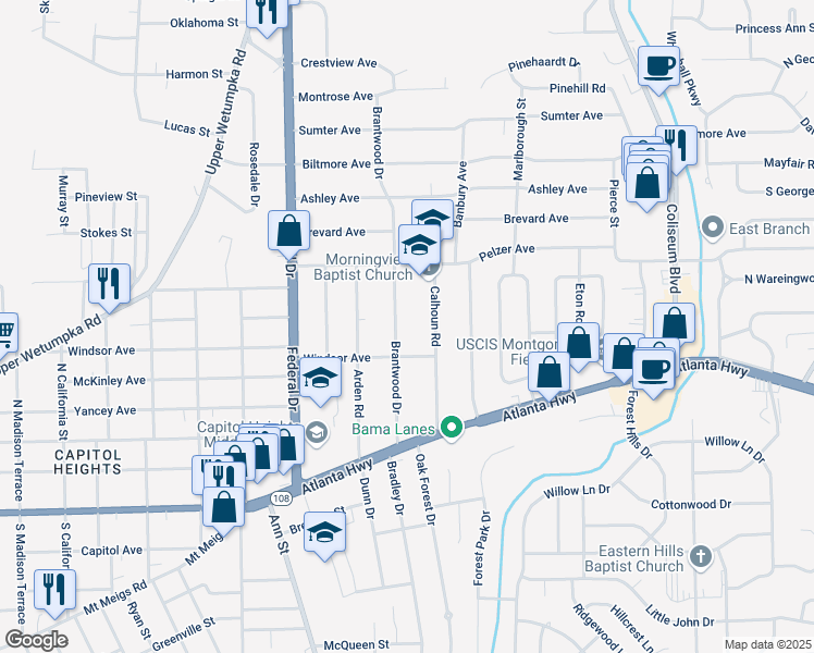 map of restaurants, bars, coffee shops, grocery stores, and more near 108 Brantwood Drive in Montgomery