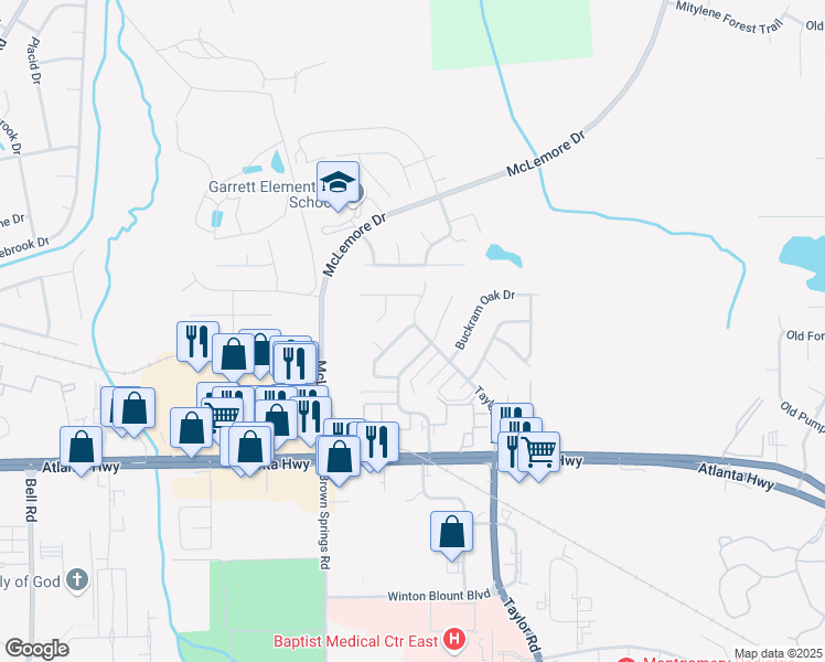 map of restaurants, bars, coffee shops, grocery stores, and more near 6896 Brownwood Lane in Montgomery
