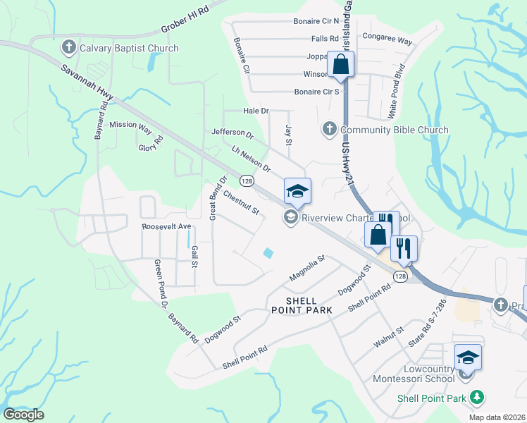 map of restaurants, bars, coffee shops, grocery stores, and more near 105 South Carolina 128 in Beaufort