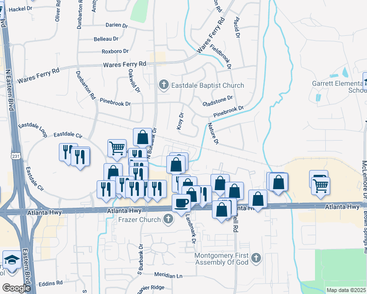 map of restaurants, bars, coffee shops, grocery stores, and more near 6217 Burbank Crossing Loop in Montgomery