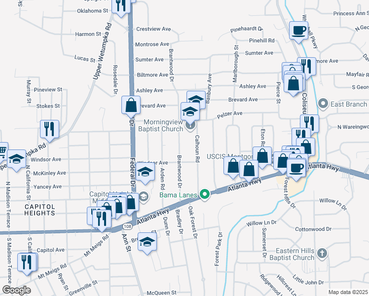 map of restaurants, bars, coffee shops, grocery stores, and more near 106 Brantwood Drive in Montgomery