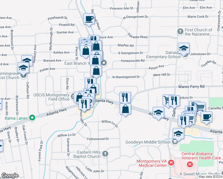 map of restaurants, bars, coffee shops, grocery stores, and more near 3519 Thornton Road in Montgomery