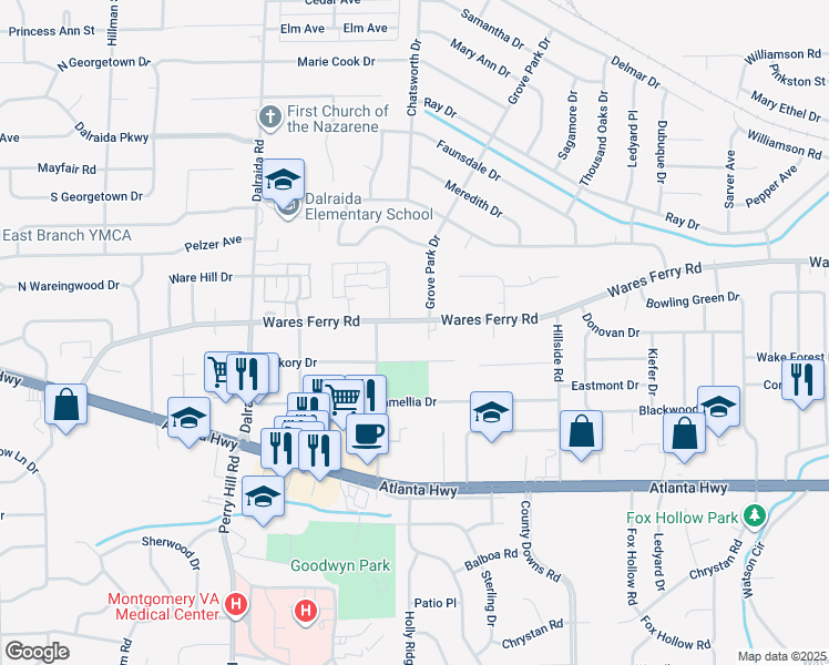 map of restaurants, bars, coffee shops, grocery stores, and more near 4128 Wares Ferry Road in Montgomery