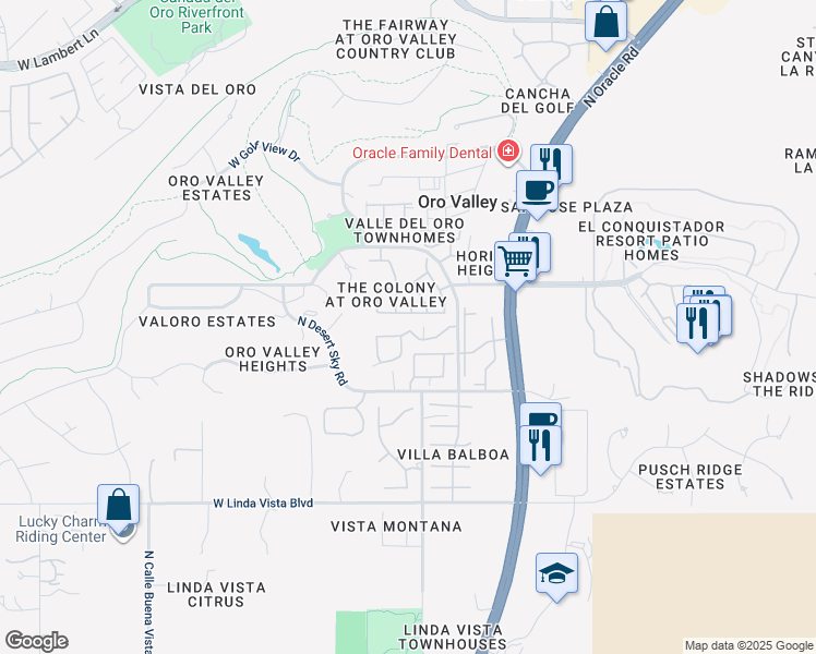 map of restaurants, bars, coffee shops, grocery stores, and more near 107 East Horizon Circle in Tucson