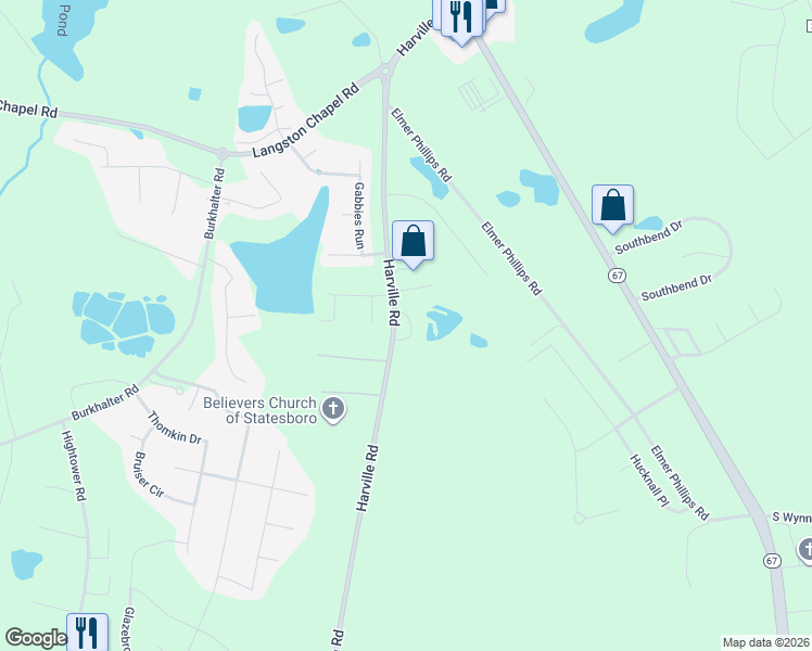 map of restaurants, bars, coffee shops, grocery stores, and more near 6812 Harville Road in Statesboro