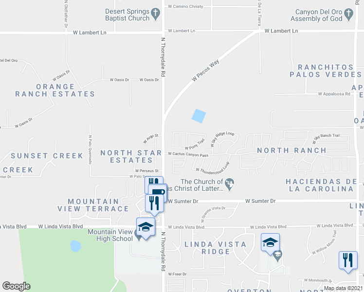 map of restaurants, bars, coffee shops, grocery stores, and more near 9920 North Outlaw Trail in Tucson