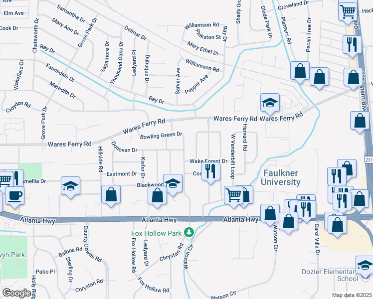 map of restaurants, bars, coffee shops, grocery stores, and more near 318 Bowling Green Drive in Montgomery