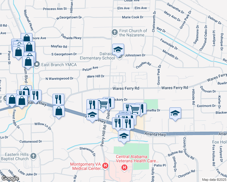 map of restaurants, bars, coffee shops, grocery stores, and more near 3924 Wares Ferry Road in Montgomery