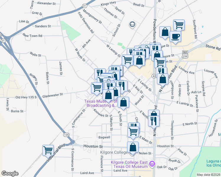 map of restaurants, bars, coffee shops, grocery stores, and more near 116 North Kilgore Street in Kilgore