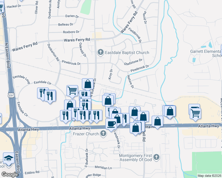 map of restaurants, bars, coffee shops, grocery stores, and more near 6217 Burbank Crossing Loop in Montgomery