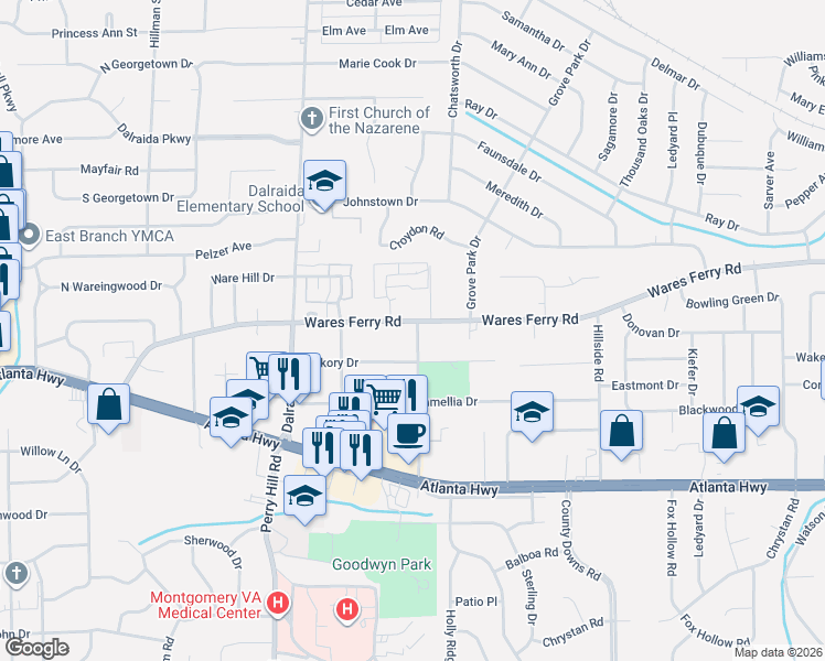 map of restaurants, bars, coffee shops, grocery stores, and more near 4066 Wares Ferry Road in Montgomery