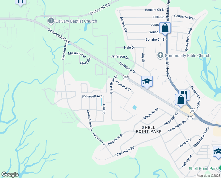 map of restaurants, bars, coffee shops, grocery stores, and more near 28 Great Bend Drive in Beaufort