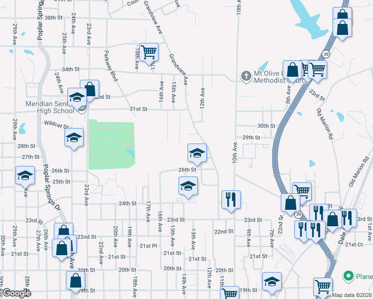 map of restaurants, bars, coffee shops, grocery stores, and more near 1310 27th Street in Meridian