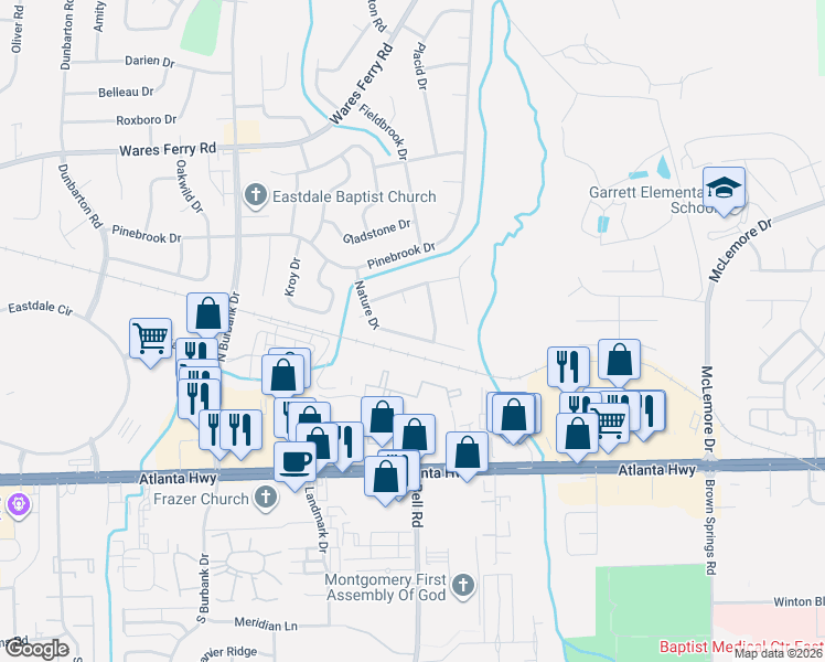 map of restaurants, bars, coffee shops, grocery stores, and more near 6268 Nature Drive in Montgomery