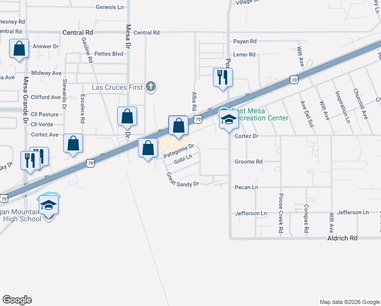 map of restaurants, bars, coffee shops, grocery stores, and more near 5537 Gobi Lane in Las Cruces
