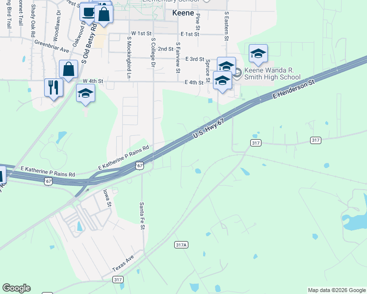 map of restaurants, bars, coffee shops, grocery stores, and more near 101 U.S. 67 in Keene