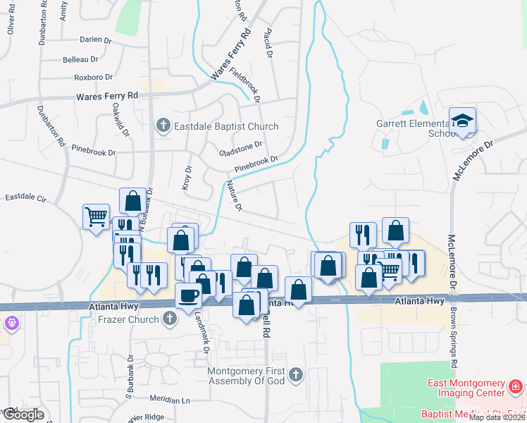 map of restaurants, bars, coffee shops, grocery stores, and more near 6268 Nature Drive in Montgomery