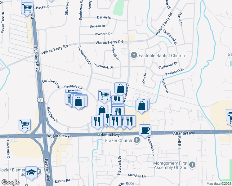 map of restaurants, bars, coffee shops, grocery stores, and more near 5801 Eastdale Drive in Montgomery