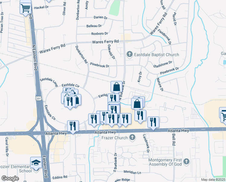 map of restaurants, bars, coffee shops, grocery stores, and more near 5801 Eastdale Drive in Montgomery