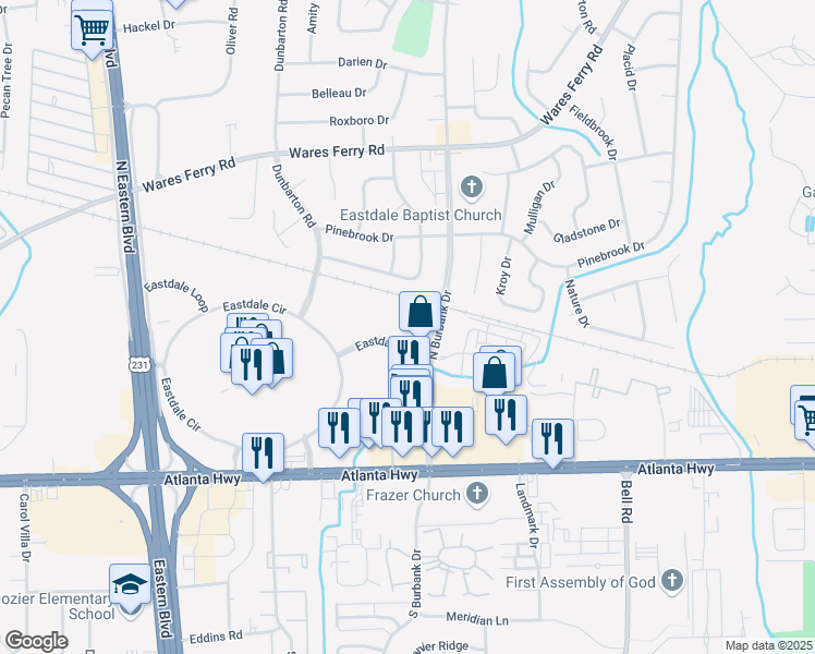 map of restaurants, bars, coffee shops, grocery stores, and more near 5801 Eastdale Drive in Montgomery