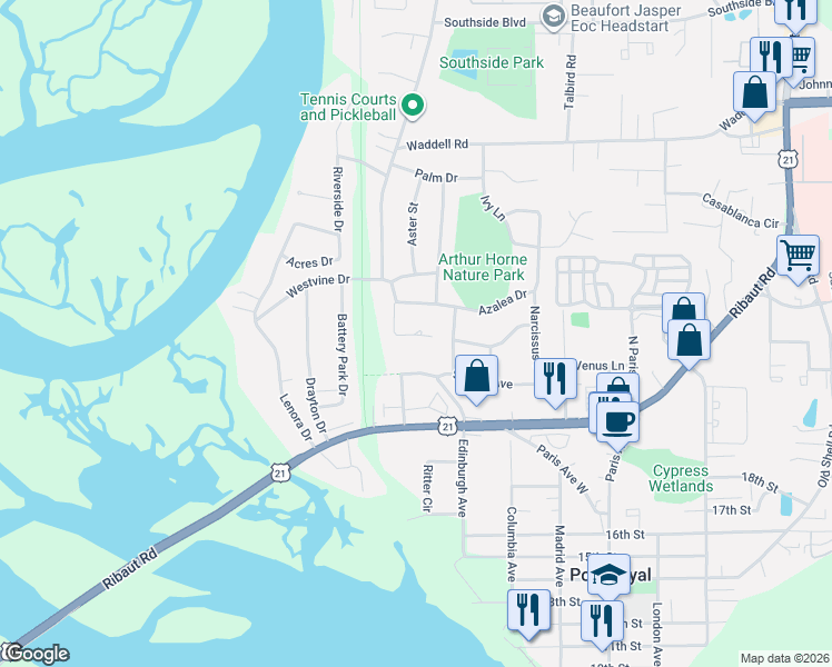 map of restaurants, bars, coffee shops, grocery stores, and more near 23 Ridenour Place in Port Royal