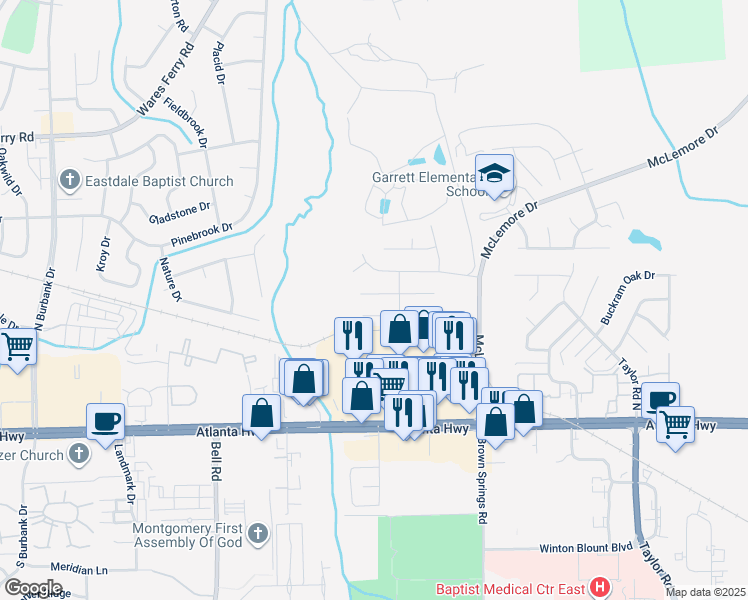 map of restaurants, bars, coffee shops, grocery stores, and more near 6545 Ridgeview Circle in Montgomery