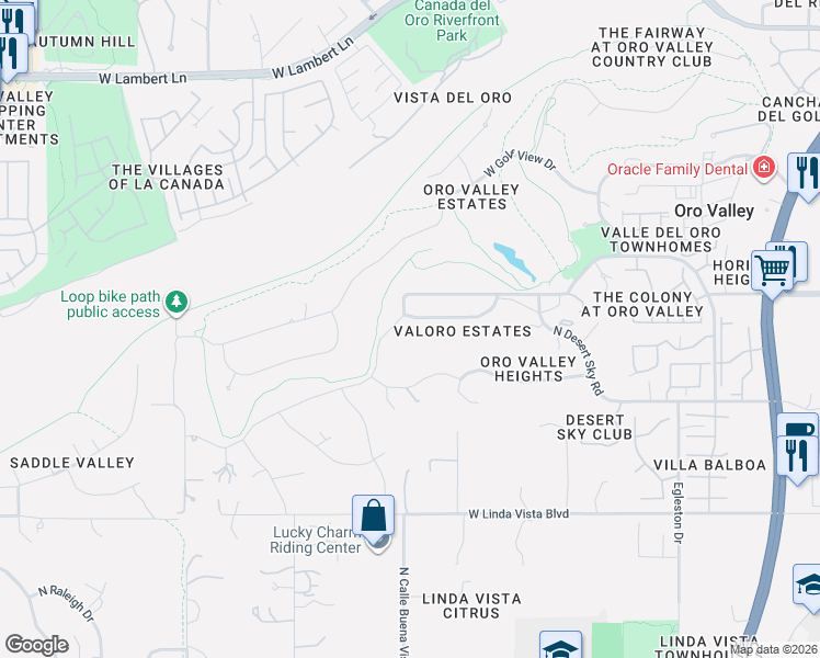 map of restaurants, bars, coffee shops, grocery stores, and more near 575 West Valoro Drive in Tucson