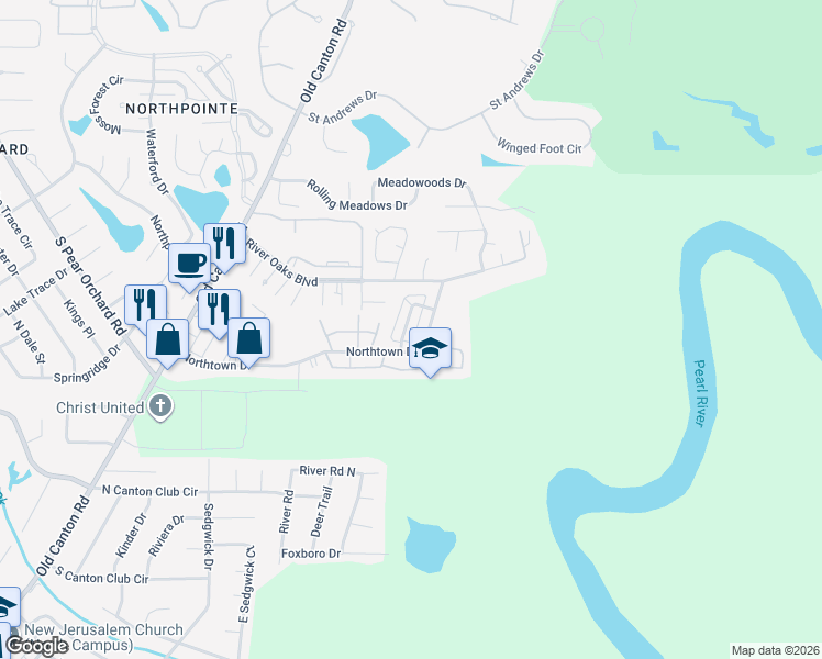 map of restaurants, bars, coffee shops, grocery stores, and more near 209 Northtown Drive in Jackson