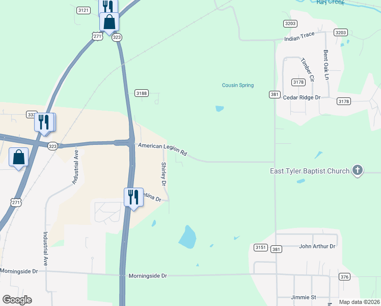map of restaurants, bars, coffee shops, grocery stores, and more near 5503-6311 American Legion Road in Tyler