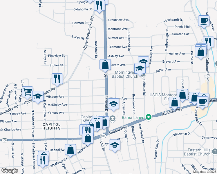 map of restaurants, bars, coffee shops, grocery stores, and more near 600 Federal Drive in Montgomery