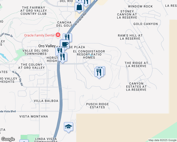 map of restaurants, bars, coffee shops, grocery stores, and more near Lipscomb Way in Oro Valley