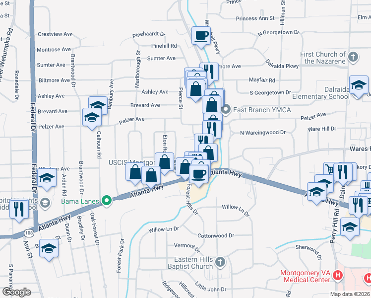 map of restaurants, bars, coffee shops, grocery stores, and more near 67 Holliday Drive in Montgomery