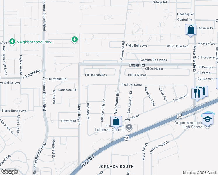 map of restaurants, bars, coffee shops, grocery stores, and more near 6125 North Jornada Road in Las Cruces