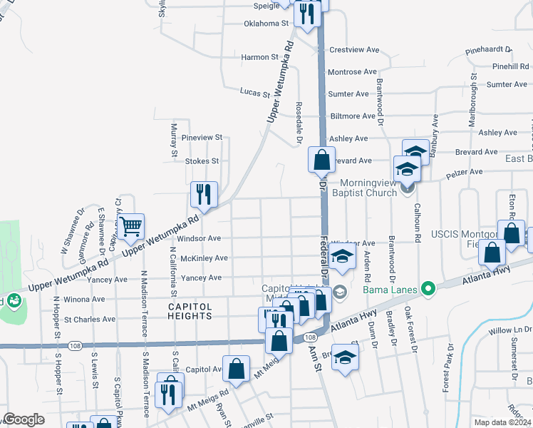 map of restaurants, bars, coffee shops, grocery stores, and more near 602 North Pennsylvania Street in Montgomery