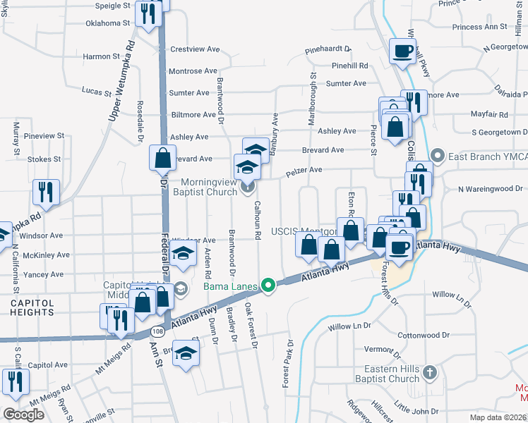 map of restaurants, bars, coffee shops, grocery stores, and more near 106 Calhoun Rd in Montgomery