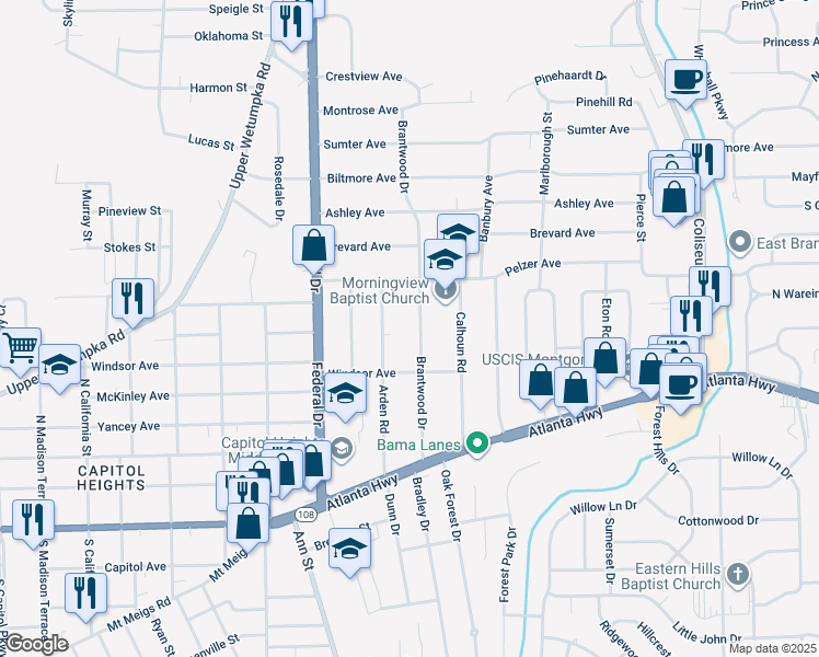 map of restaurants, bars, coffee shops, grocery stores, and more near 106 Arden Road in Montgomery
