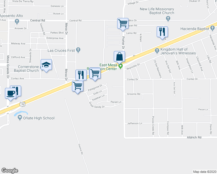 map of restaurants, bars, coffee shops, grocery stores, and more near 5575 Patagonia Drive in Las Cruces
